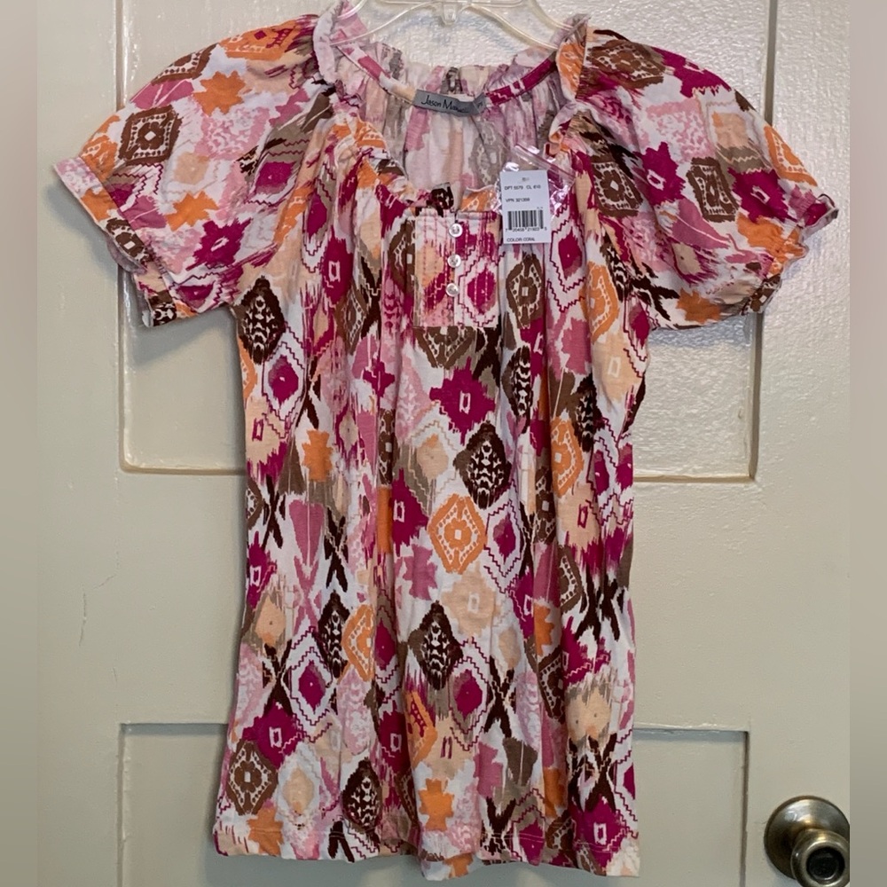 Jason Maxwell Blouse Gathered Sleeves And Neckline Faux Button Front